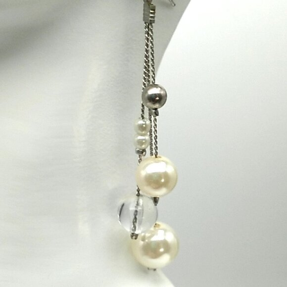 Faux Pearl Clear Bead Silver-tone Dangle Earrings - Picture 1 of 13